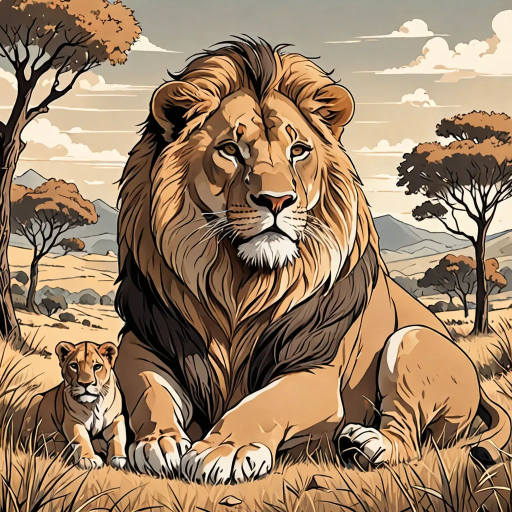 a lion and a cub sitting in a field of grass and trees with a sky background and clouds in the distance, lyco art, a storybook illustration, Chris LaBrooy, high detail illustration