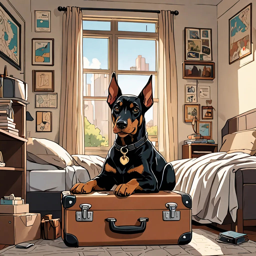 a dog sitting on top of a suitcase in a bedroom next to a bed and a window with a city view, photorealism, a comic book panel, Asaf Hanuka, official art