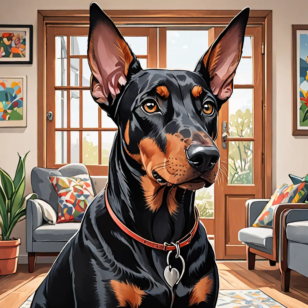 a dog is sitting in a living room with a couch and a rug on the floor and a painting of a dog on the wall, photorealism, a hyperrealistic painting, Colin Middleton, highly detailed digital painting