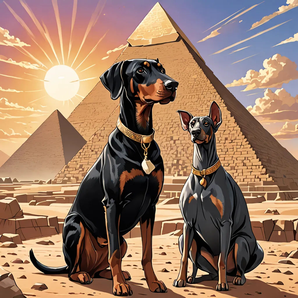 a couple of dogs sitting next to each other in front of a pyramid with a sun in the background, furry art, egyptian art, Altichiero, comic cover art
