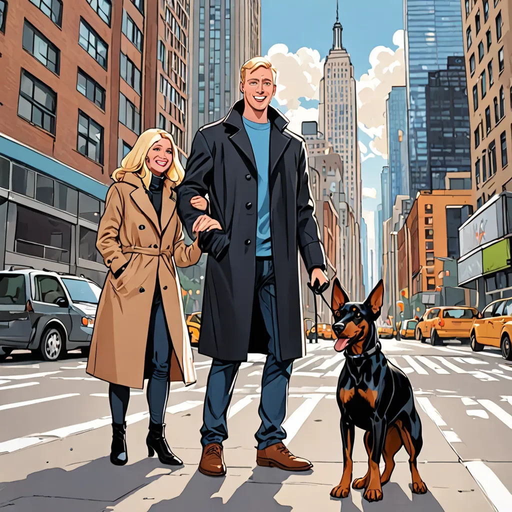a man and woman walking a dog down a street in a city with tall buildings and tall buildings in the background, american scene painting, a comic book panel, Colin Middleton, promotional image
