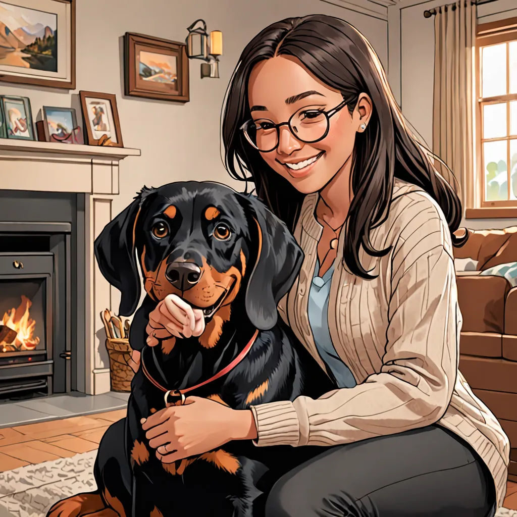 a woman sitting on the floor with a dog in front of a fireplace with a basket of treats in her lap, lyco art, a comic book panel, F Scott Hess, comic cover art