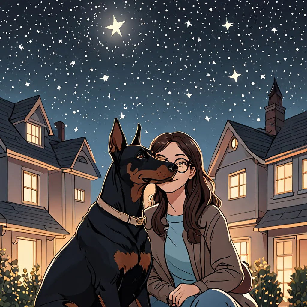 a woman sitting on a curb with a dog in front of her and a house in the background with stars, serial art, a storybook illustration, Atey Ghailan, comic cover art