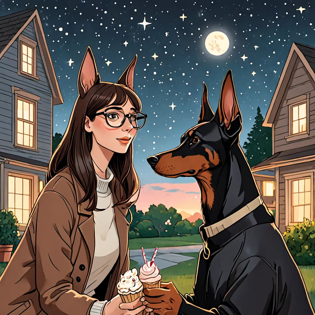 a woman holding a cupcake next to a dog on a lawn at night with a full moon in the sky, serial art, a comic book panel, Atey Ghailan, comic cover art