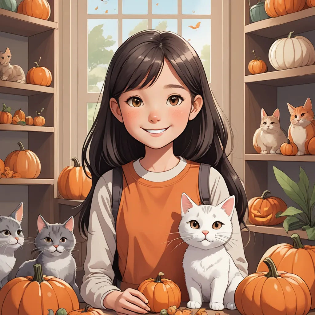 a girl with two cats in front of a pumpkin display with cats on it and pumpkins on the shelves, furry art, a storybook illustration, Chen Hong, trending on art station