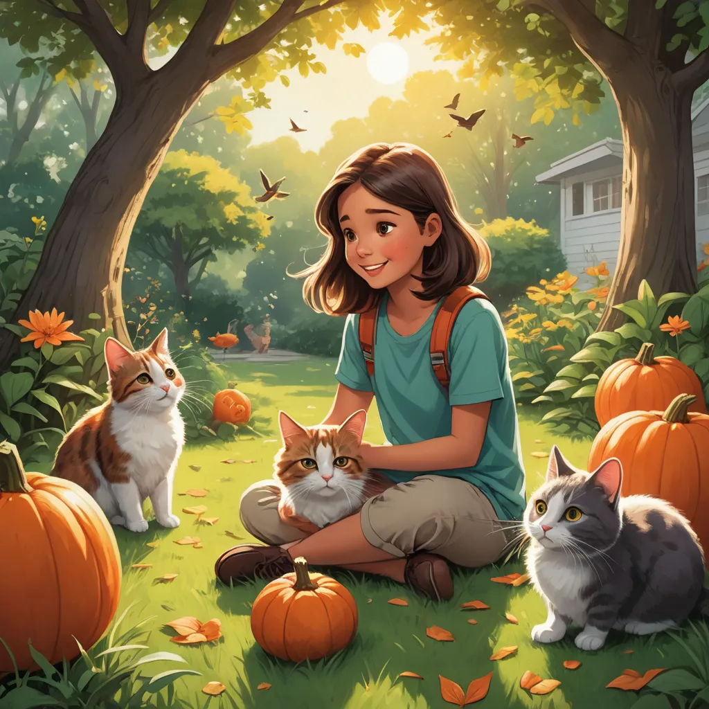 a girl sitting in the grass with two cats and pumpkins in front of her and a house in the background, american scene painting, a storybook illustration, Aaron Jasinski, official art