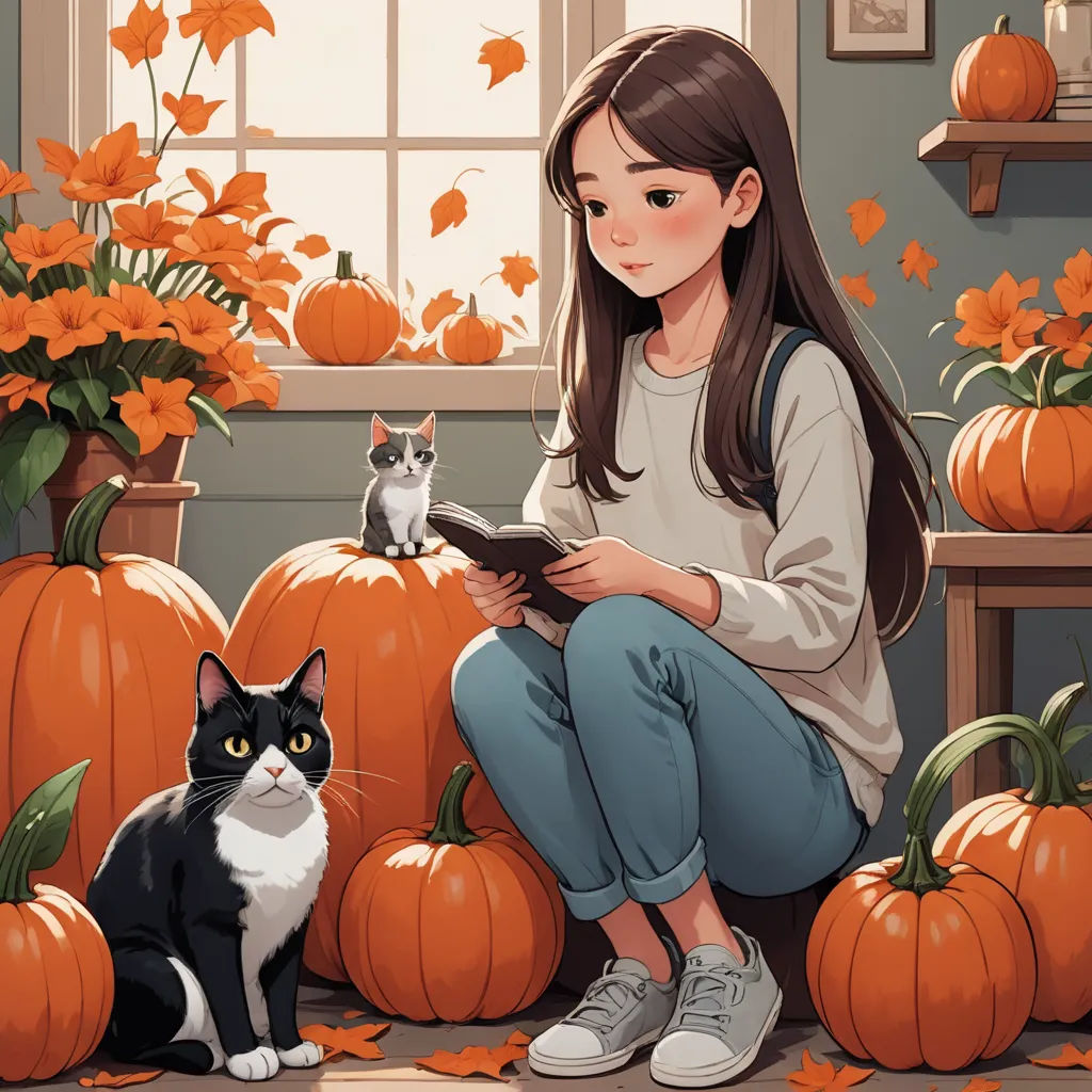 a girl sitting on a pumpkin patch with a cat and pumpkins in the background, and a cat sitting on the floor, fantasy art, a storybook illustration, Atey Ghailan, trending on art station