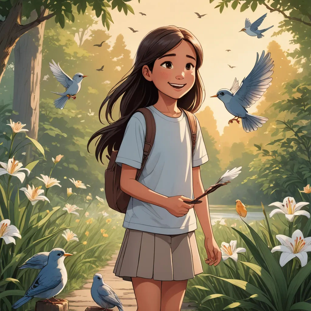 a girl with a backpack and a bird on a path in the woods with flowers and birds flying around, art & language, a storybook illustration, Cliff Childs, comic cover art