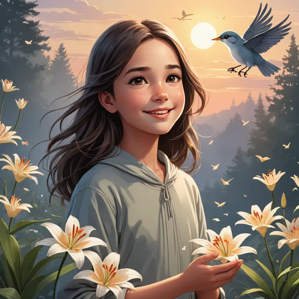 a painting of a girl holding a flower and a bird flying over her head and a forest with flowers, fantasy art, a storybook illustration, Cyril Rolando, trending on art station