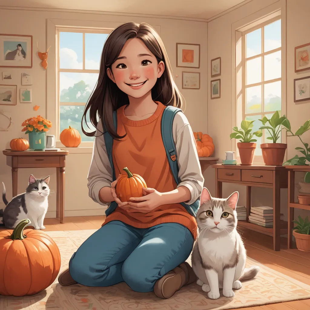 a girl sitting on the floor with two cats and a pumpkin in front of her, and a cat sitting on the floor, american scene painting, a storybook illustration, Atey Ghailan, trending on art station