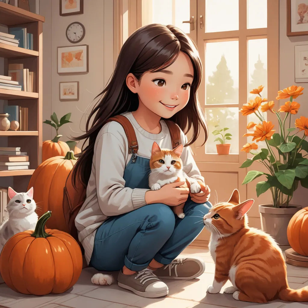 a girl holding a cat and two cats sitting on the floor in front of a window with orange flowers, fantasy art, a storybook illustration, Atey Ghailan, trending on art station