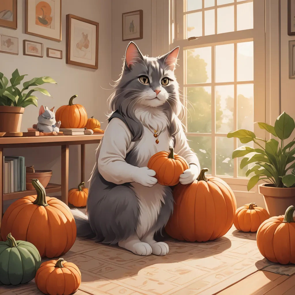 a cat sitting on a floor with pumpkins around it and a potted plant in the background with a window, furry art, a fine art painting, Chris LaBrooy, trending on art station