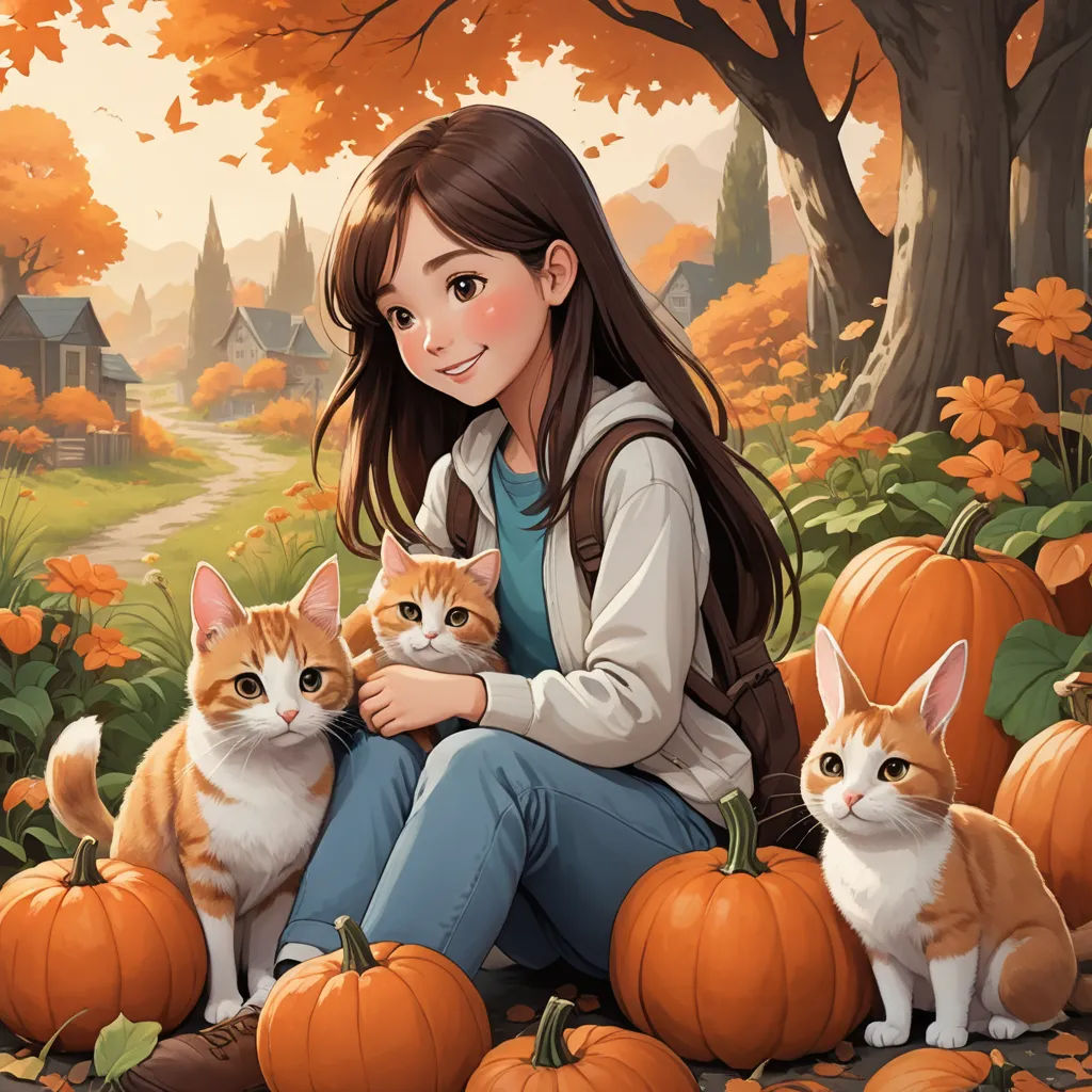a girl sitting on a pumpkin patch with two cats and a pumpkin in the background with a house and trees, fantasy art, a storybook illustration, Cyril Rolando, trending on art station