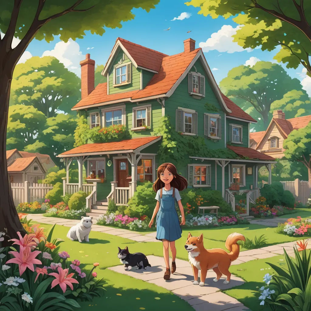 a girl walking her dogs in front of a house with a dog and cat nearby on a sunny day, american scene painting, a storybook illustration, Evgeny Lushpin, kinkade