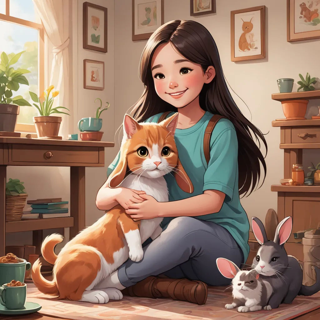 a girl holding a cat and two rabbits in a room with a table and potted plants on the wall, furry art, a storybook illustration, Artgerm, trending on art station
