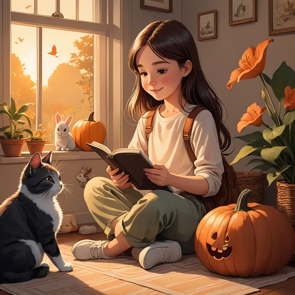 a girl sitting on the floor reading a book next to a cat and pumpkins in a room with a window, fantasy art, a storybook illustration, Atey Ghailan, storybook illustration