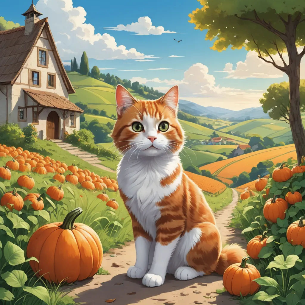 a cat sitting on a path in a pumpkin patch with a house in the background and a pumpkin patch in the foreground, american scene painting, a storybook illustration, Chris LaBrooy, official art