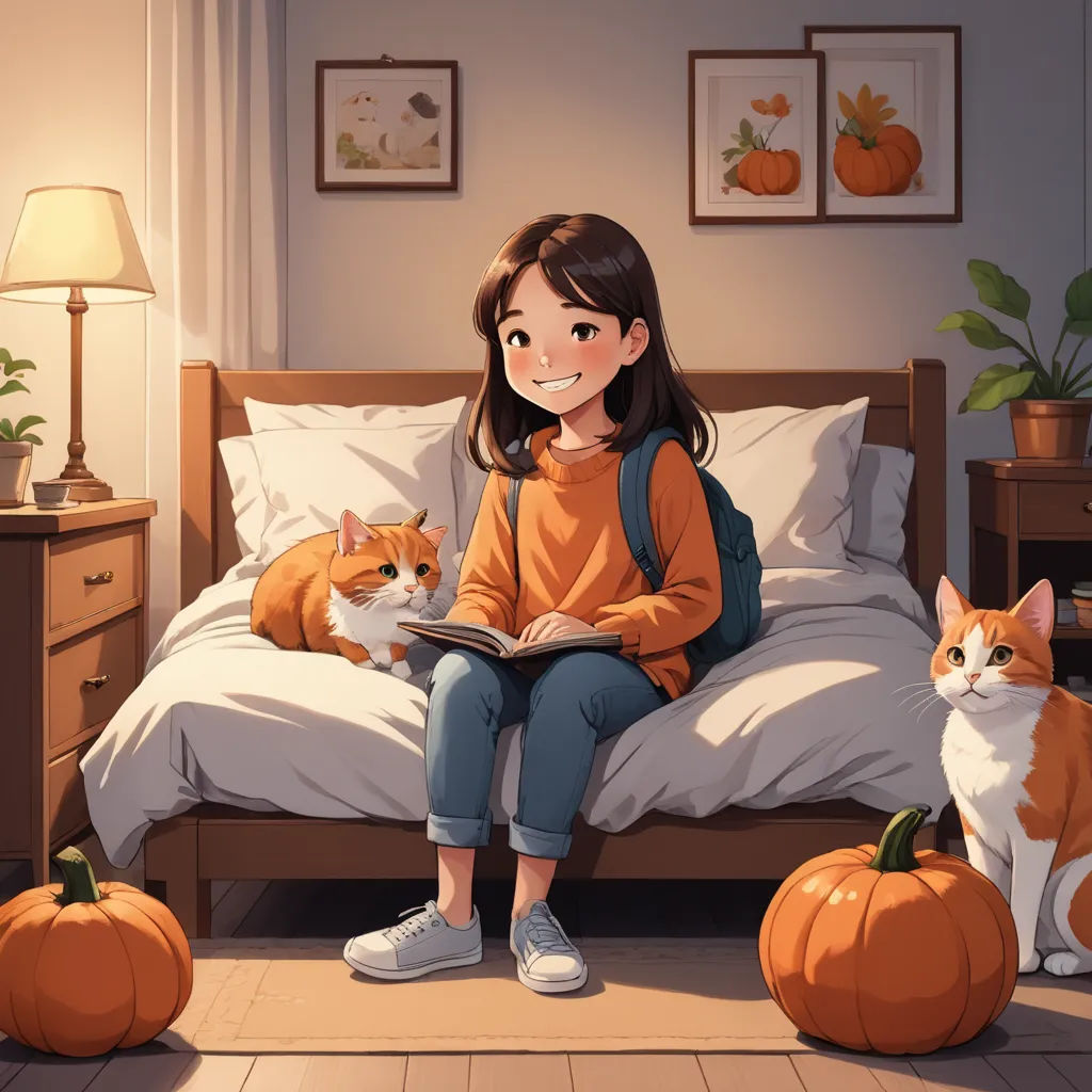 a girl sitting on a bed with two cats and a pumpkins on the floor next to her and a cat laying on the bed, furry art, a storybook illustration, Atey Ghailan, rossdraws global illumination