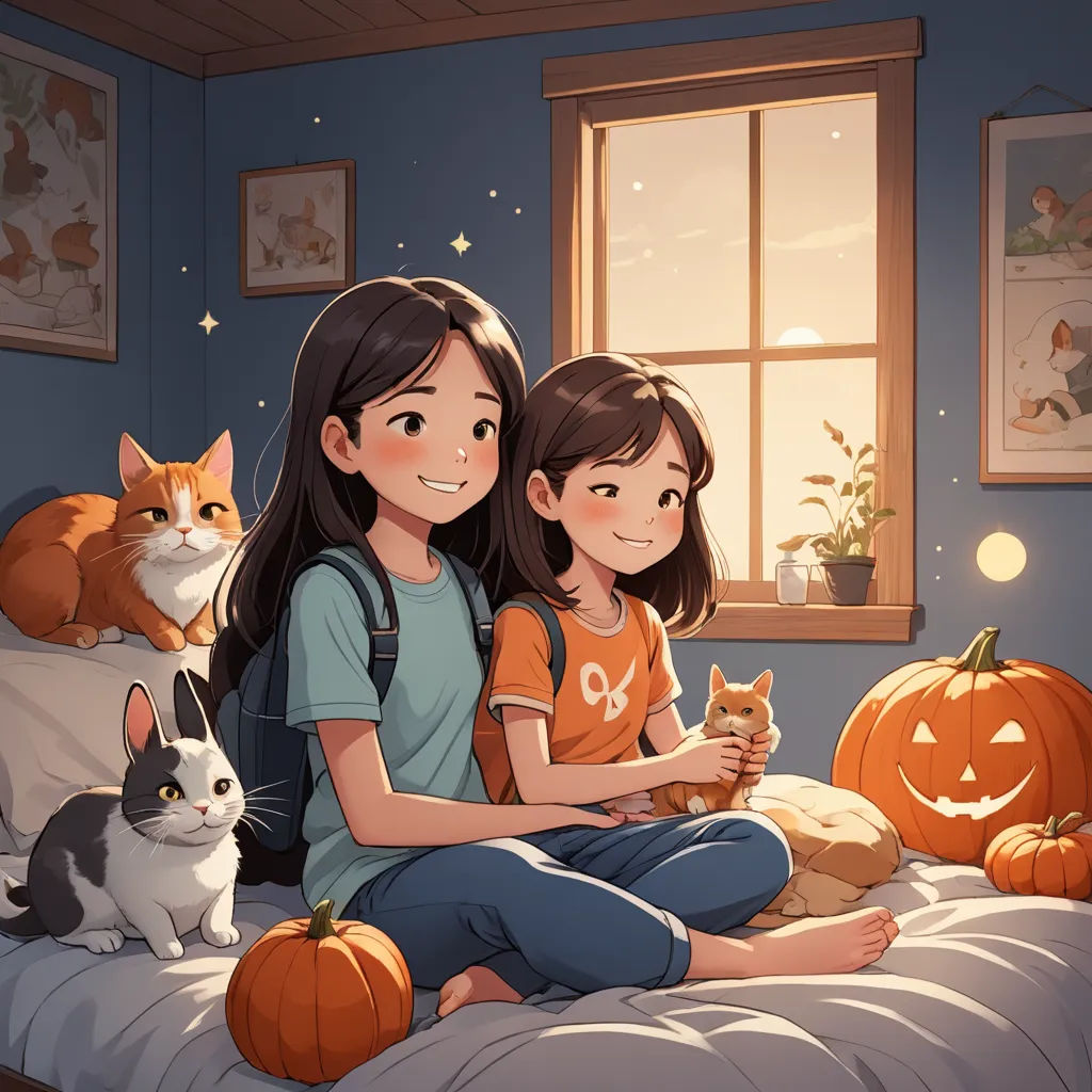 a girl and a girl sitting on a bed with cats and pumpkins in the room behind them, a cat and a cat are looking out the window, romanticism, a storybook illustration, Atey Ghailan, autumn