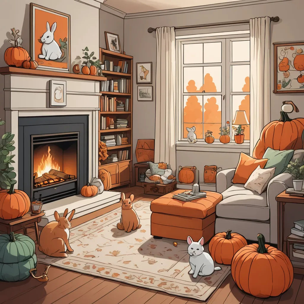 a living room with a fireplace and a cat sitting on the floor in front of it and a dog sitting on the floor, furry art, a storybook illustration, Atey Ghailan, autumn