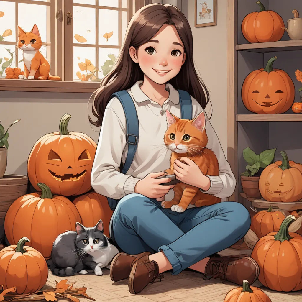 a girl holding a cat in front of a pumpkin display with cats on it and pumpkins around her, furry art, a storybook illustration, Artgerm, trending on art station