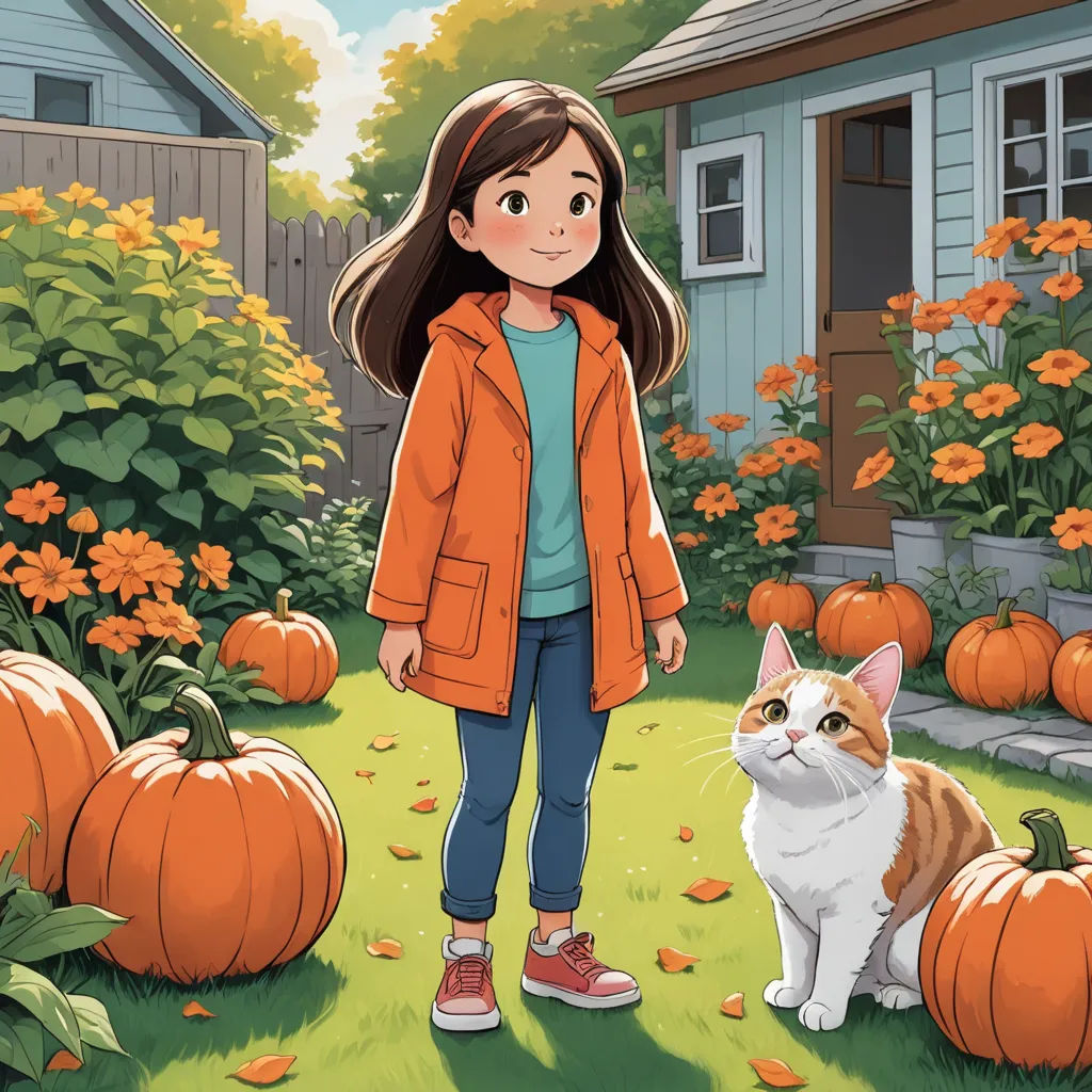 a girl standing in a yard with a cat and pumpkins in the background, and a house in the background, american scene painting, a storybook illustration, Eileen Aldridge, official art