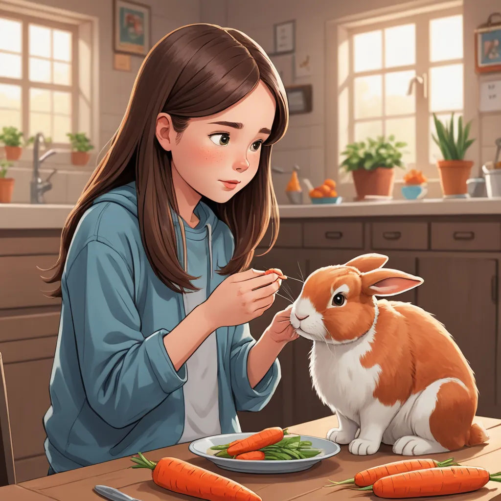a girl is feeding a rabbit carrots in a kitchen with a plate of carrots on the table, furry art, a storybook illustration, Chen Hong, trending on art station