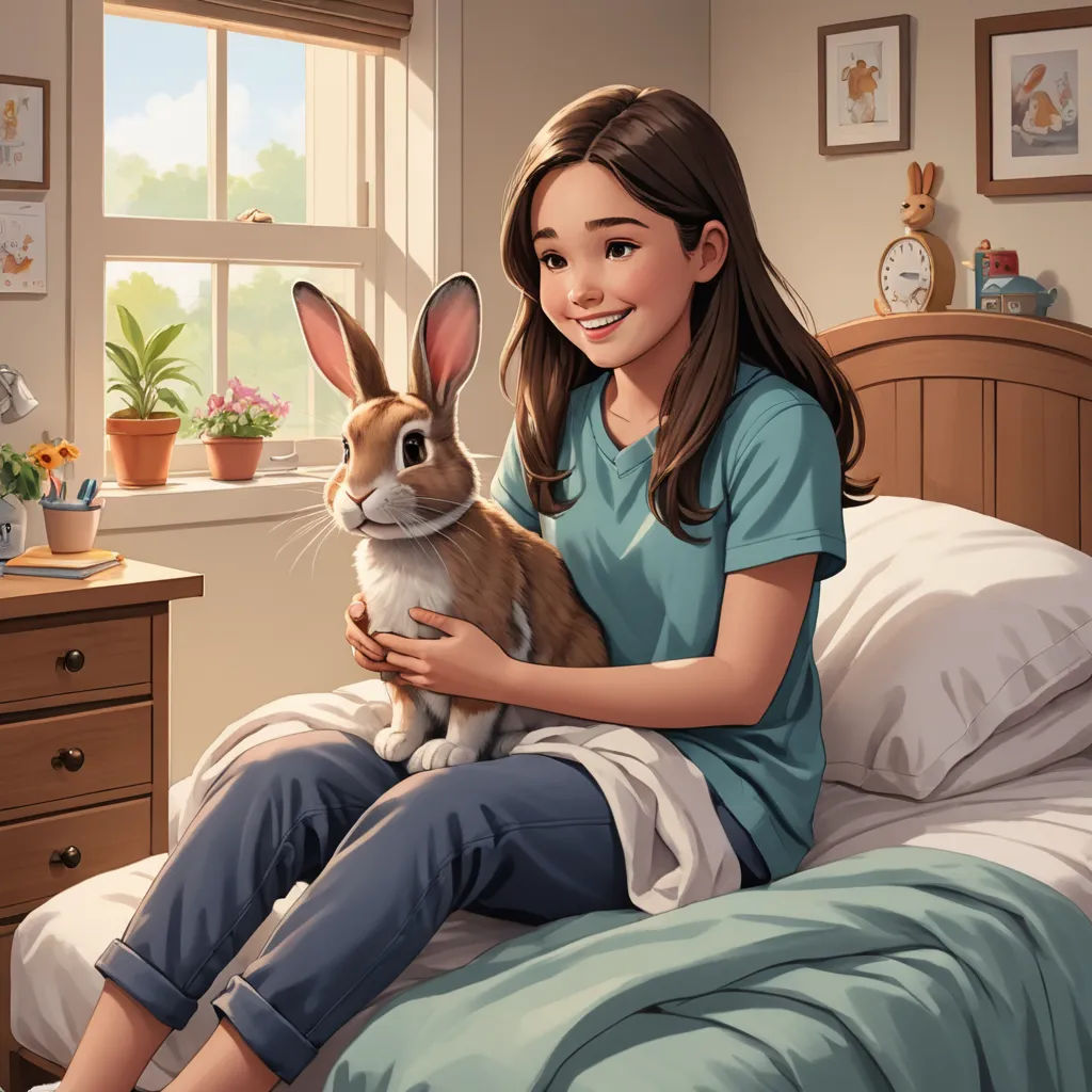 a girl sitting on a bed holding a rabbit in her lap and smiling at the camera with a window behind her, furry art, a storybook illustration, Chris LaBrooy, professional digital painting