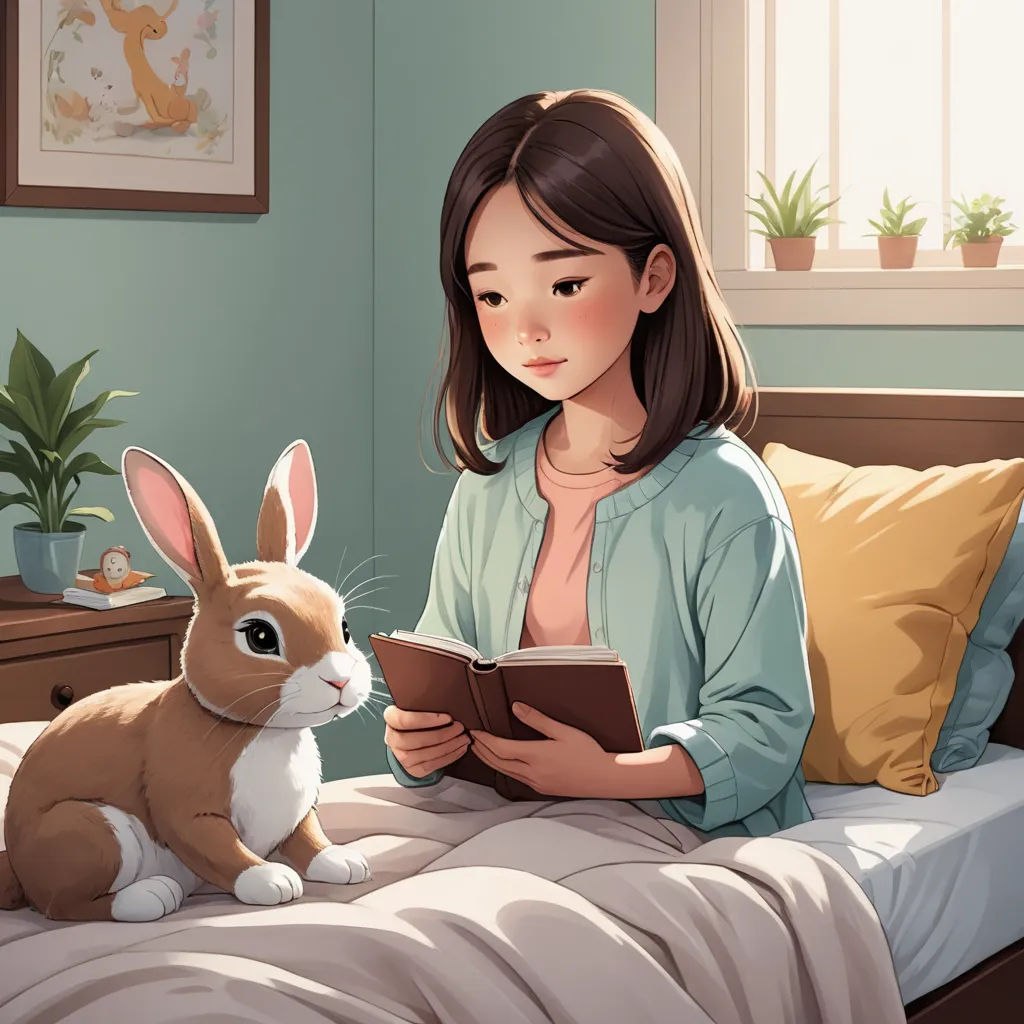 a girl reading a book to a bunny on a bed with a plant in the corner of the room, art & language, a storybook illustration, Atey Ghailan, rossdraws global illumination