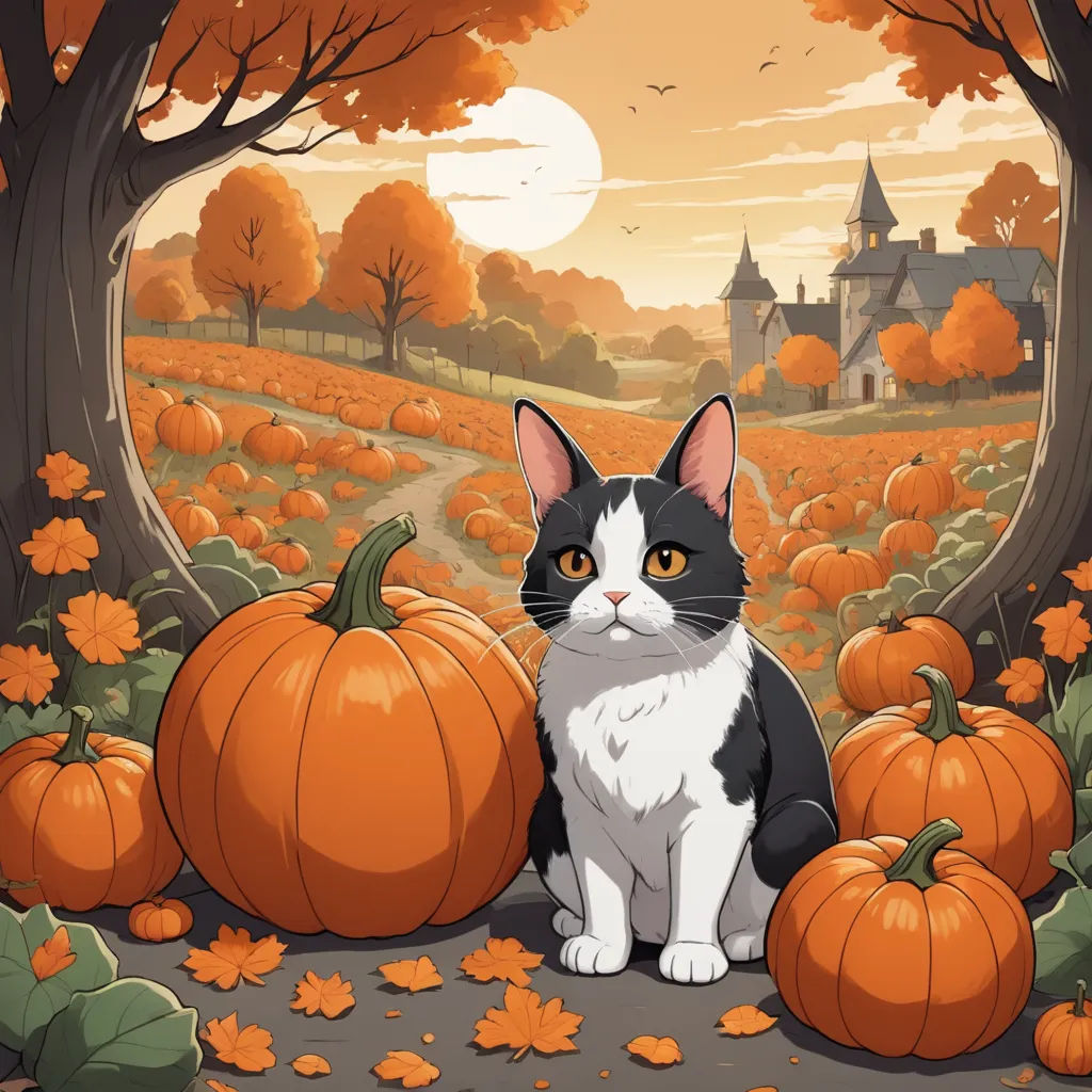 a cat sitting in a field of pumpkins with a castle in the background and a full moon in the sky, sots art, a storybook illustration, Felix Octavius Carr Darley, official art
