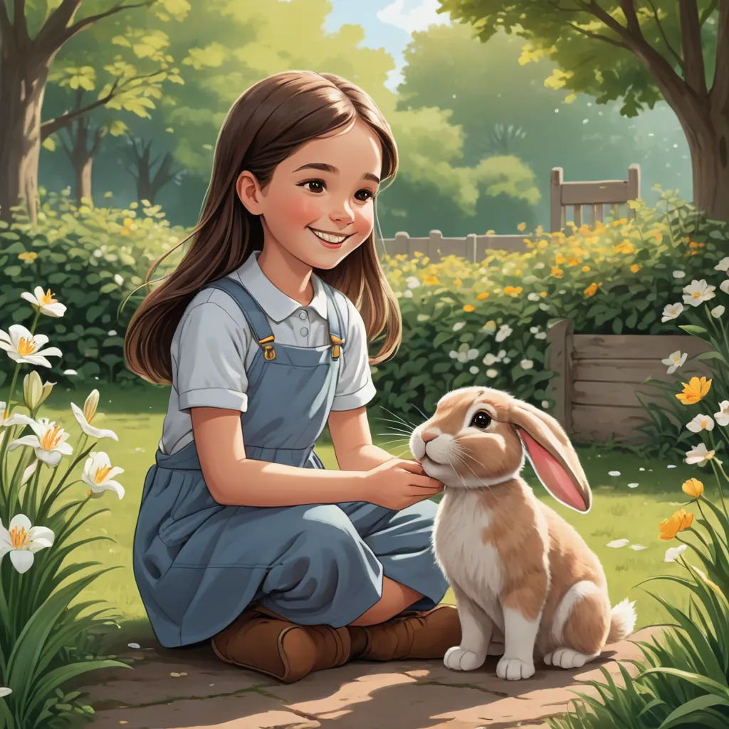 a girl sitting on the ground petting a rabbit in a garden with flowers and trees in the background, furry art, a storybook illustration, Bob Byerley, official art