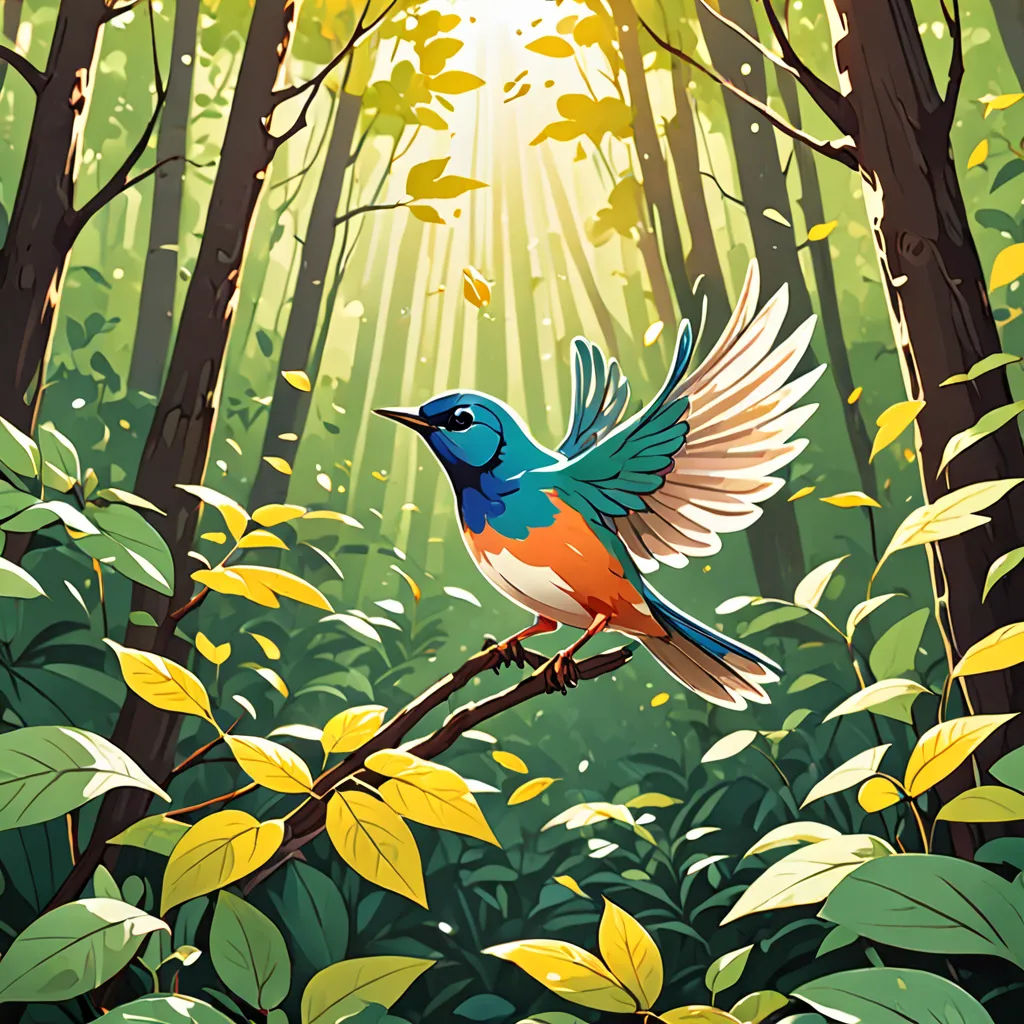 a bird sitting on a branch in a forest with sunlight streaming through the trees and leaves on the ground, naturalism, a storybook illustration, Chris LaBrooy, rossdraws global illumination