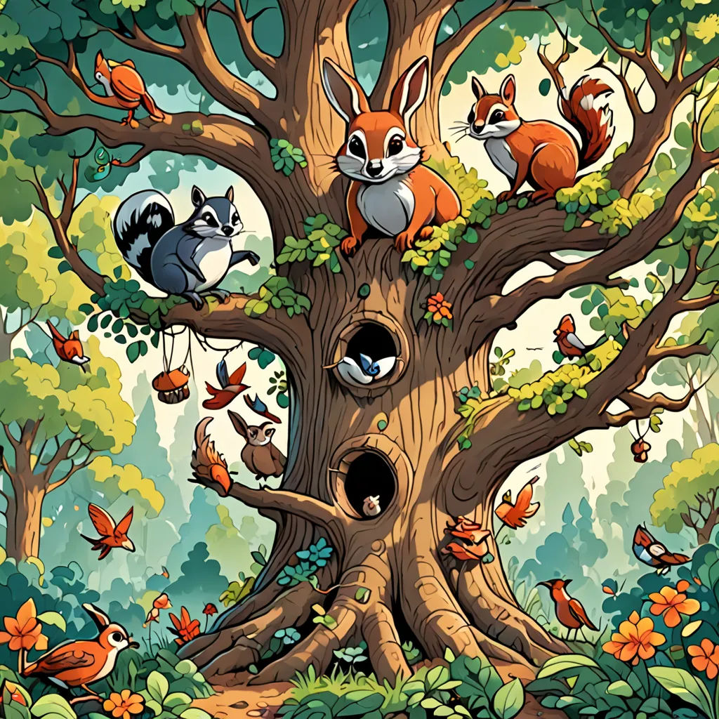 a painting of a tree with animals in it and birds around it, and a birdhouse in the middle of the tree, fantasy art, a storybook illustration, Chris LaBrooy, josan gonzales and dan mumford