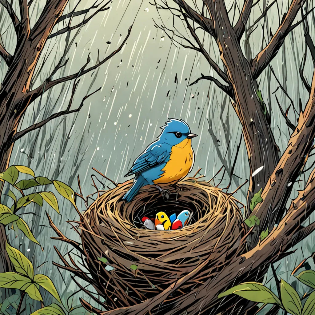 a bird sitting on top of a nest in a tree filled with eggs in the rain with a blue bird sitting on top of it, symbolism, a storybook illustration, Dan Mumford, josan gonzales and dan mumford