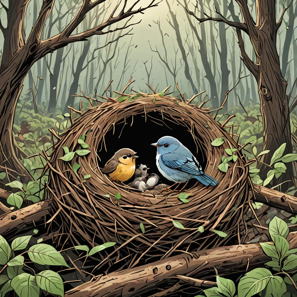 a bird nest with two birds in it and a nest with two eggs in it in a forest with green leaves, massurrealism, a storybook illustration, Dan Mumford, josan gonzales and dan mumford