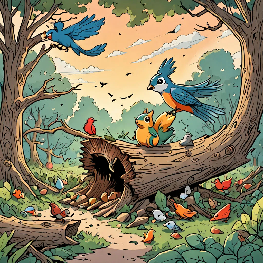 a painting of birds sitting on a tree stump in a forest with a bird nest in the middle of the picture, fantasy art, a storybook illustration, Chris LaBrooy, rossdraws global illumination