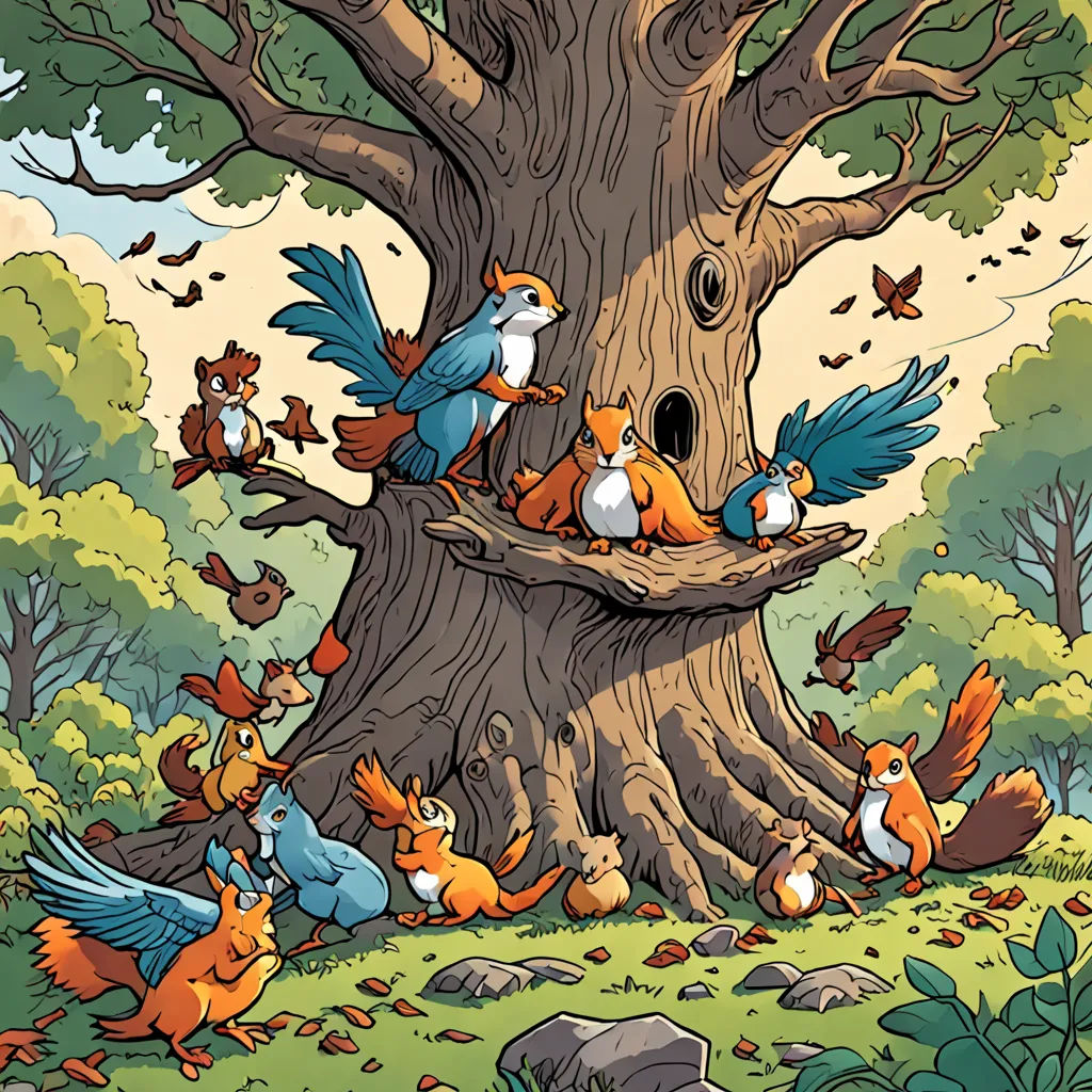 a group of birds sitting on top of a tree stump in a forest with a birdhouse in the middle, fantasy art, a storybook illustration, Chris LaBrooy, storybook illustration