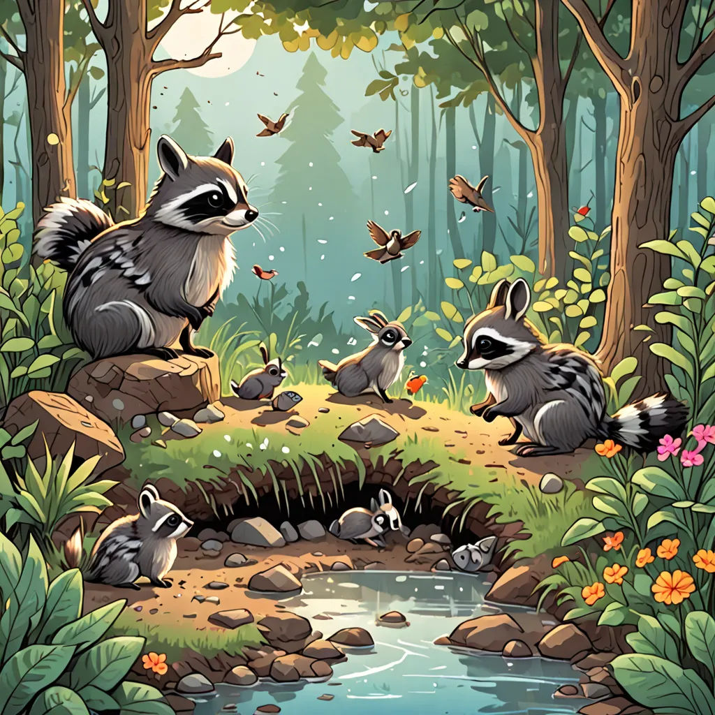 a painting of a forest with a stream and raccoons in it and a bird flying over the water, environmental art, a storybook illustration, Dan Mumford, storybook illustration