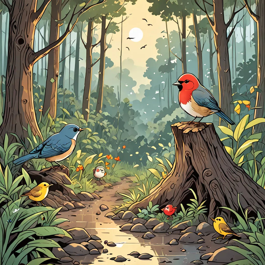 a painting of two birds sitting on a tree stump in a forest with a path leading to them and a forest with lots of trees, fantasy art, a storybook illustration, Chris LaBrooy, birds