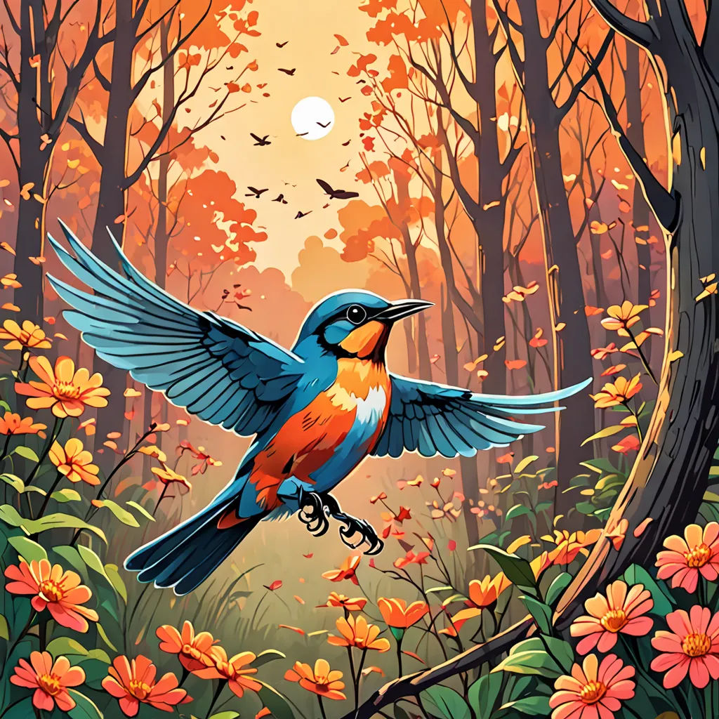 a bird is flying over a colorful forest with flowers and trees in the background and a full moon in the sky, fantasy art, a storybook illustration, Dan Mumford, josan gonzales and dan mumford