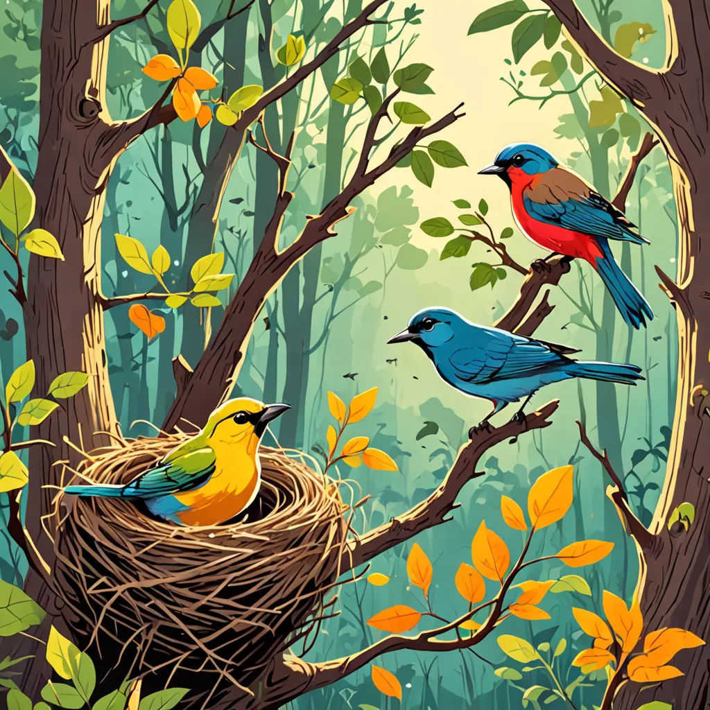 a painting of three birds sitting on a tree branch in a nest with a nest in the middle of the tree, generative art, a storybook illustration, Dan Mumford, highly detailed digital painting