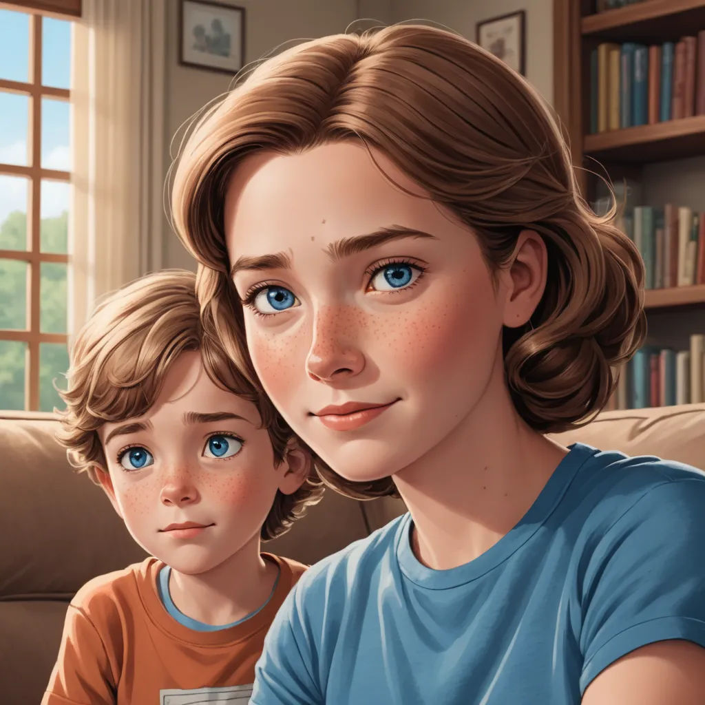 a woman and a boy are sitting on a couch in front of a book shelf and a window with books, photorealism, a storybook illustration, Brothers Hildebrandt, ultra realistic illustration