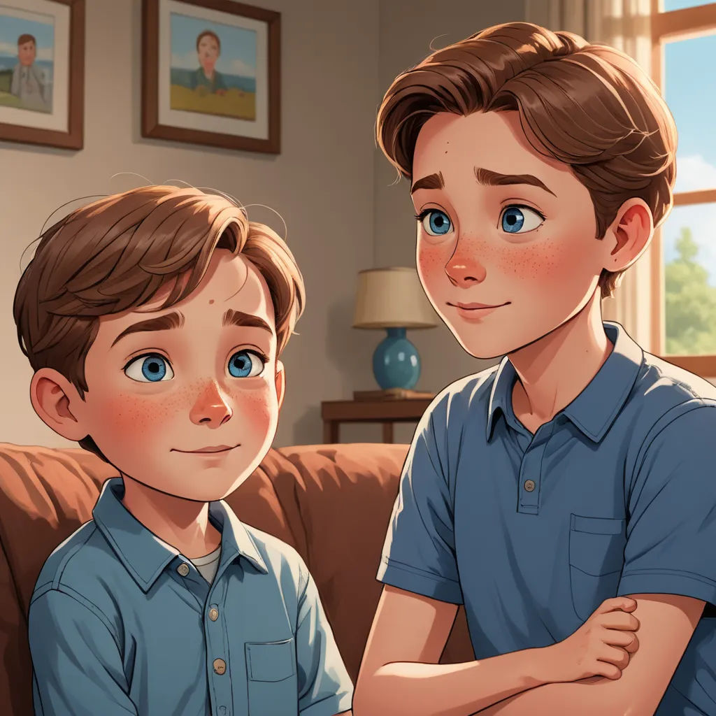 a boy and a boy sitting on a couch looking at each other with blue eyes and a blue shirt, sots art, a storybook illustration, Brothers Hildebrandt, official art