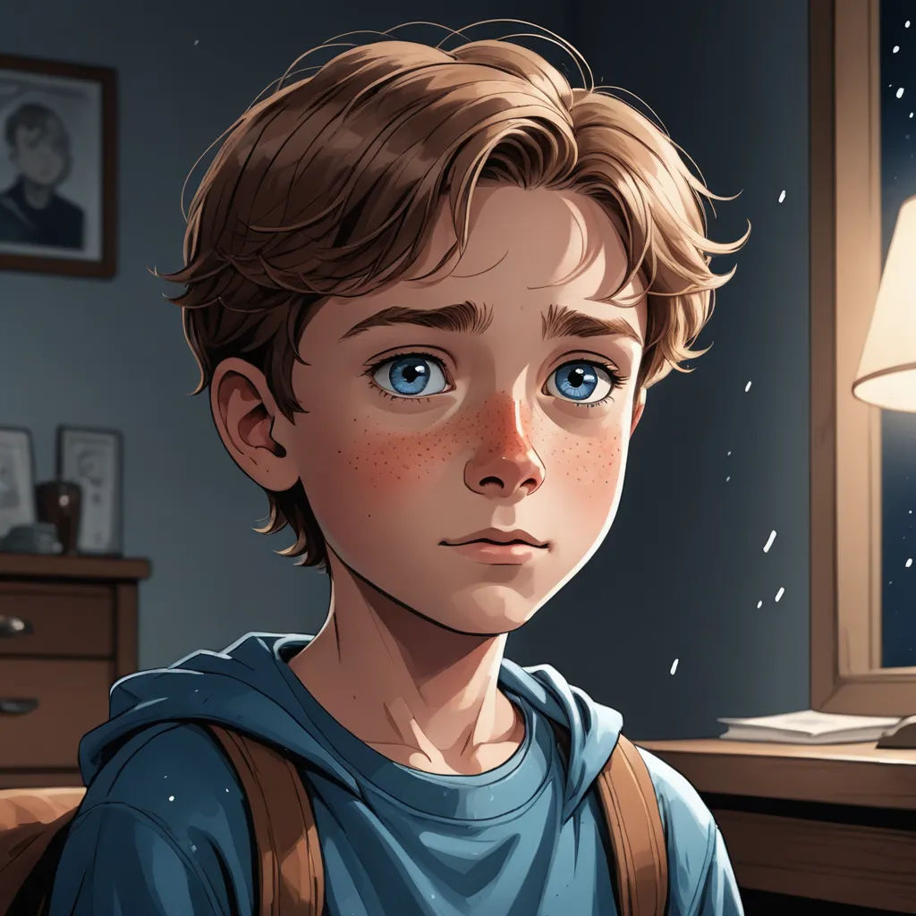 a boy with blue eyes stares into the distance in a room with a lamp and a window with a picture of a man, sots art, a character portrait, Aaron Jasinski, official art