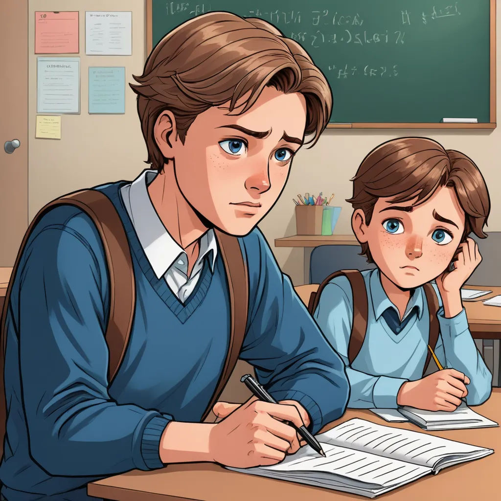 a man and a girl sitting at a desk in front of a blackboard with a book and a pen, vancouver school, a comic book panel, Adam Manyoki, graphic novel