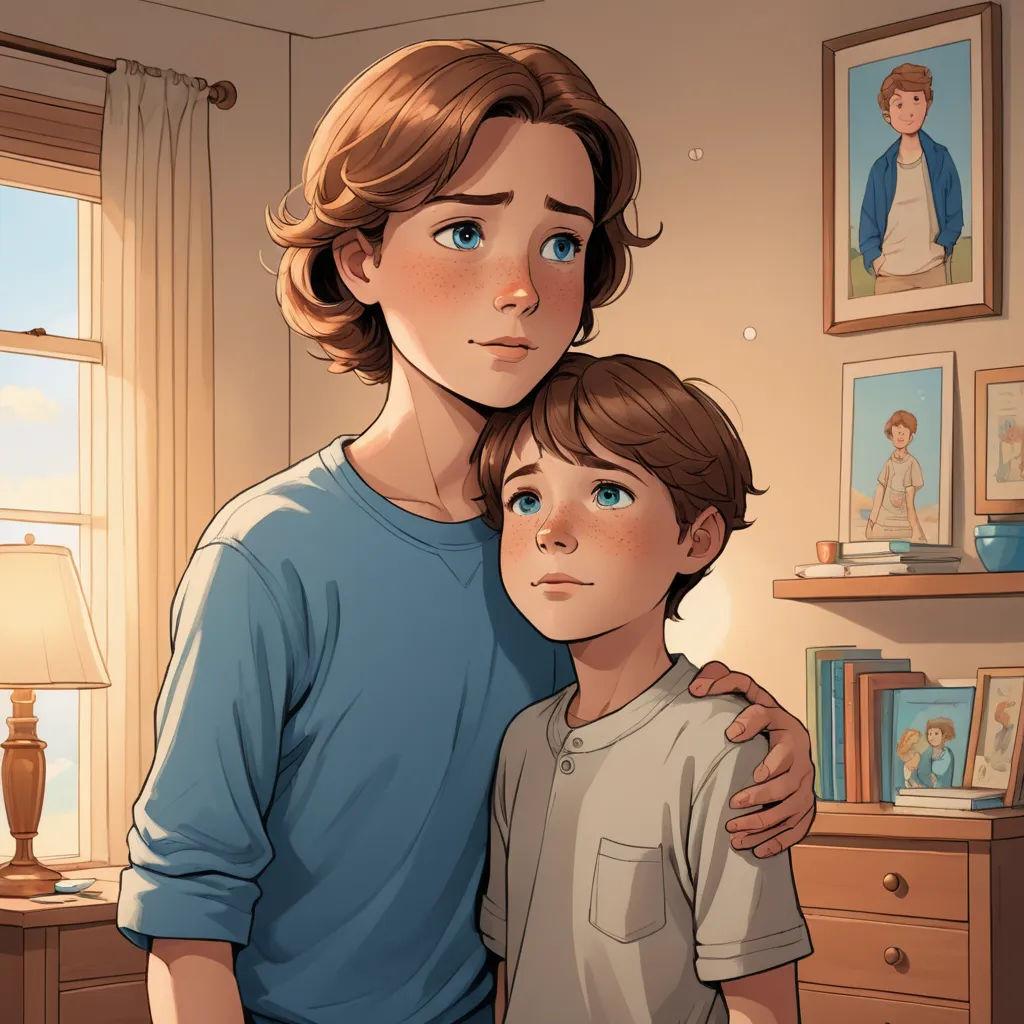 a woman and a boy are standing in a room with pictures on the wall and a lamp on the table, sots art, a storybook illustration, Brothers Hildebrandt, graphic novel