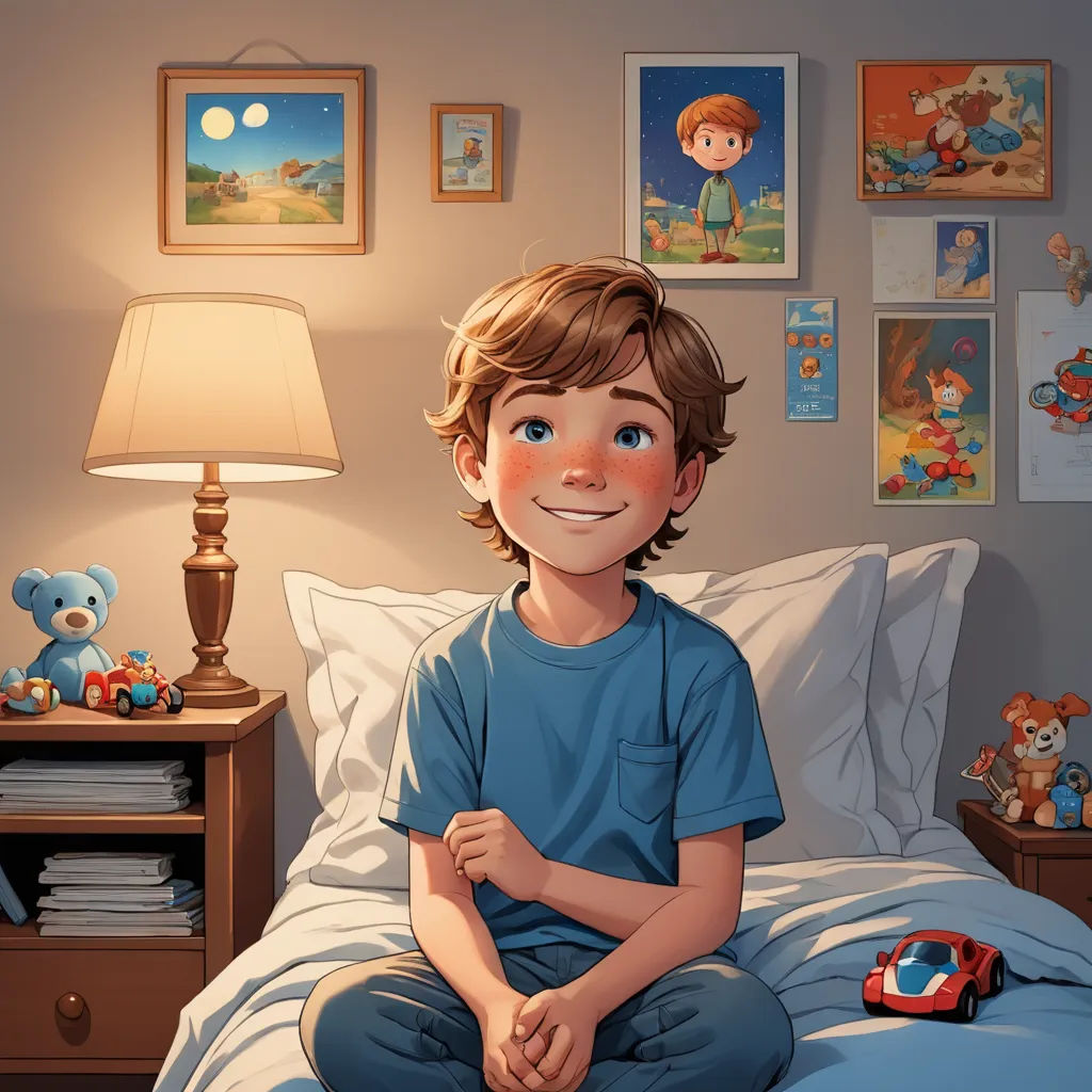 a boy sitting on a bed with a teddy bear and a lamp on the nightstand in front of him, photorealism, a storybook illustration, Diego Gisbert Llorens, storybook illustration