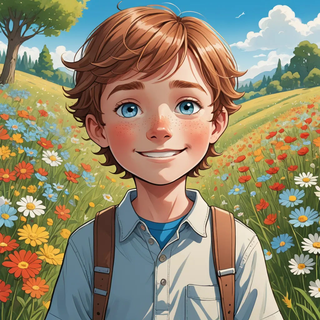 a boy with a backpack standing in a field of flowers and daisies with a blue sky in the background, photorealism, a character portrait, Aaron Jasinski, rossdraws global illumination