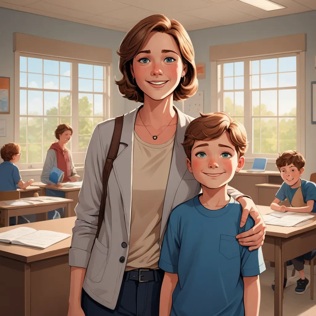 a woman and a boy are standing in a classroom together, with a teacher in the background and a boy in the foreground, sots art, a storybook illustration, Alejandro Burdisio, official art