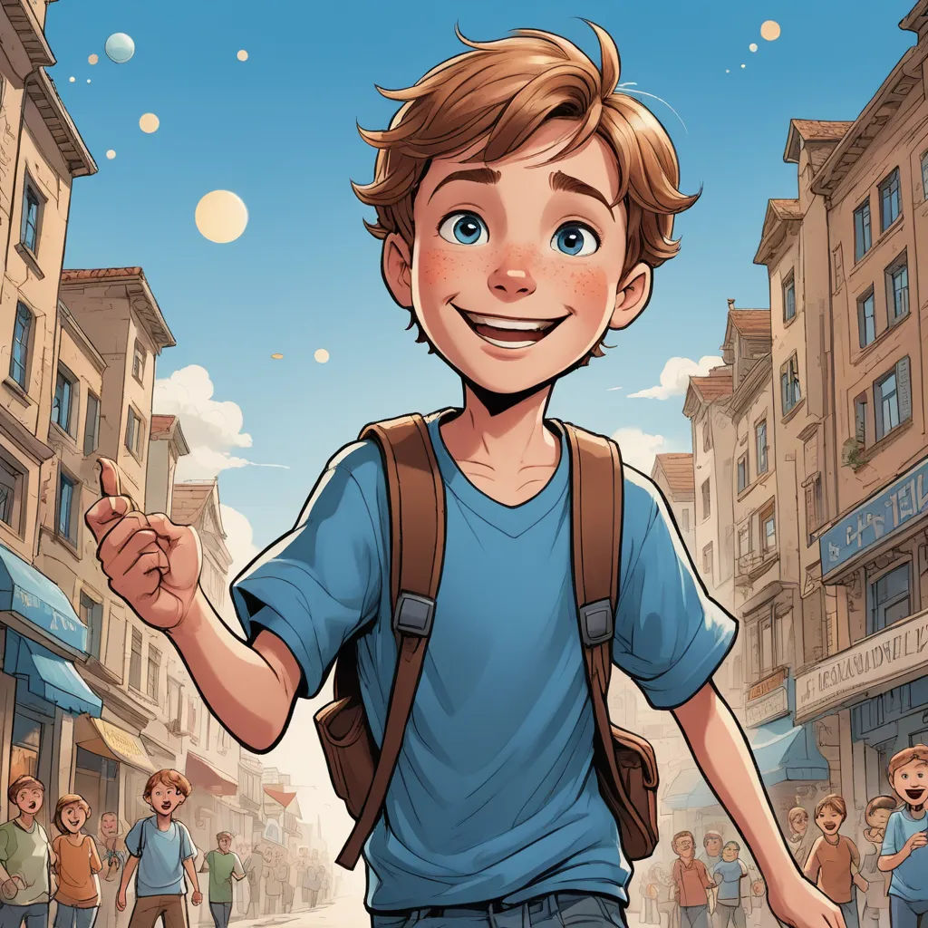 a boy with a backpack is smiling and waving at the camera while walking down the street with a crowd of people, paris school, a storybook illustration, Cliff Childs, comic cover art